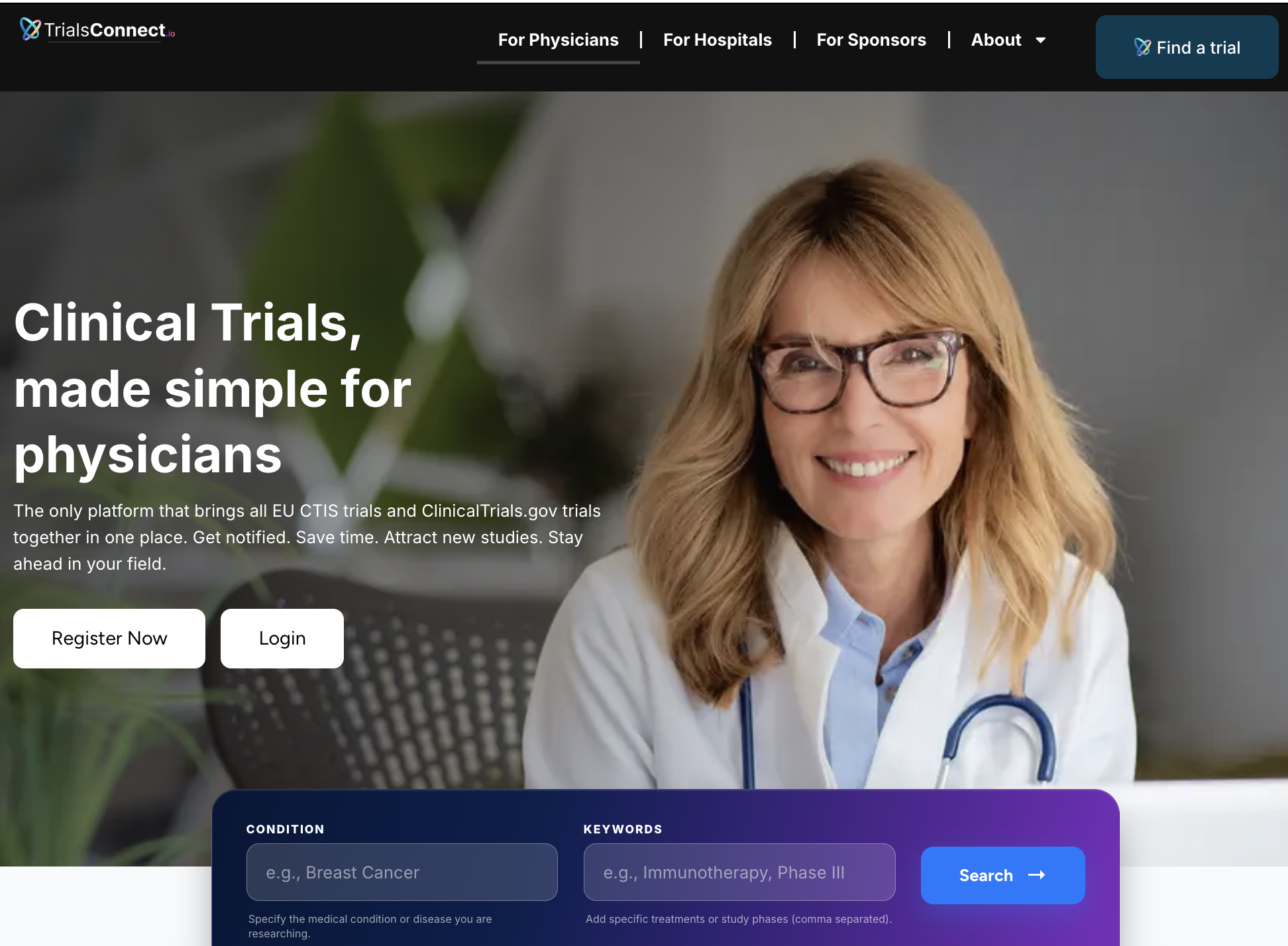 Local pharma affiliate clinical trial search engine